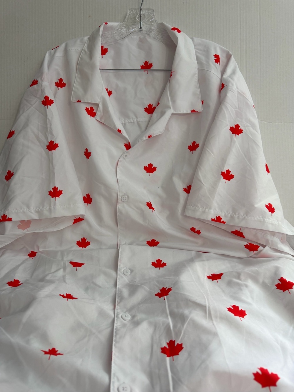 White Short-Sleeve Button-Up Shirt with Red Maple Leaf Print